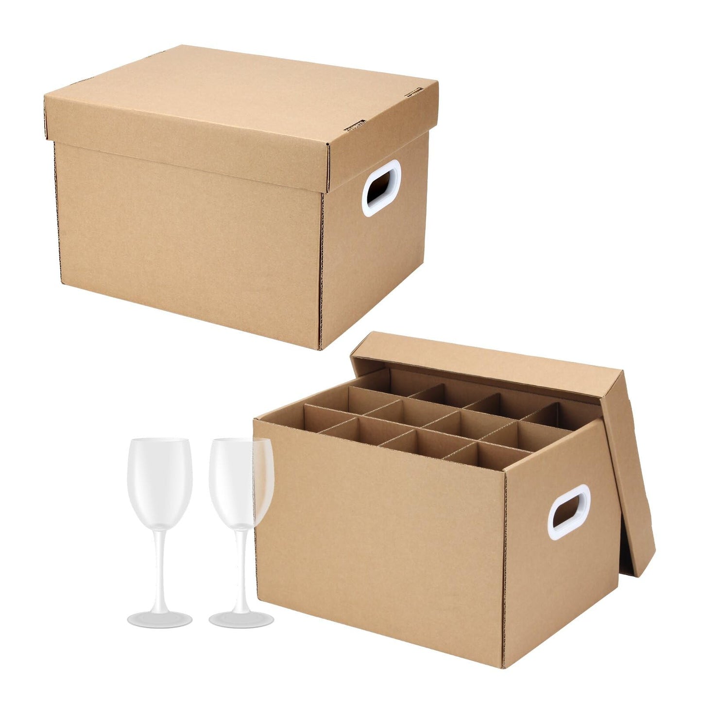 DIICCYO 2 Pack Wine Glass Moving Boxes Kitchen Moving Boxes with Handle Kitchen Kit with Lid for Dish Glassware, Glass Packing Boxes Packing Supplies for Moving, 15 x 12 x 10 Inches, Brown