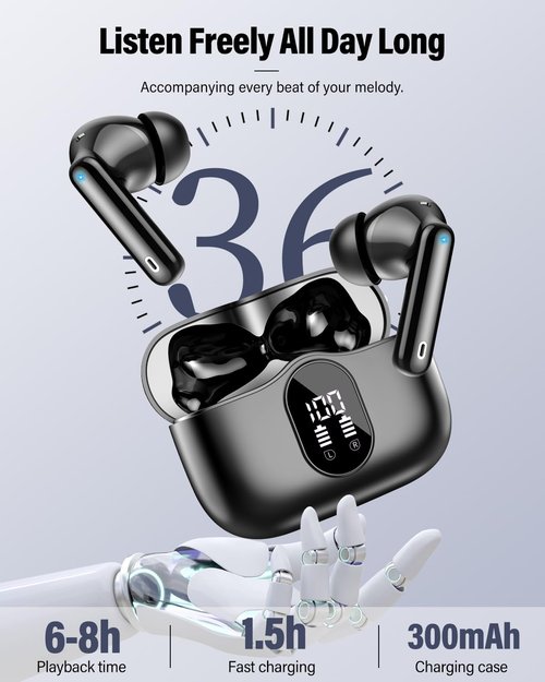 Wireless Earbuds, Bluetooth 5.4 Headphones Bass Stereo, Bluetooth Earbuds with Noise Cancelling Mic, IP7 Waterproof in Ear Earphones, 36H LED Display Ear Buds for Laptop Pad Phones Sports, Black