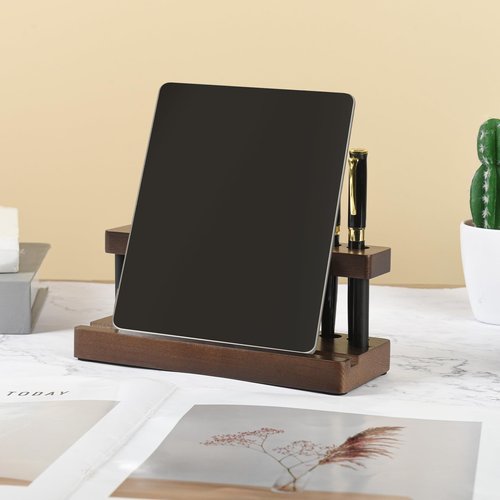 Wooden Pen Holder for Desk, Pencil Holder Wood Fountain Pens Display Stand with 9 Slots and Cell Phone Holder, Pen Organizer for Office, Home