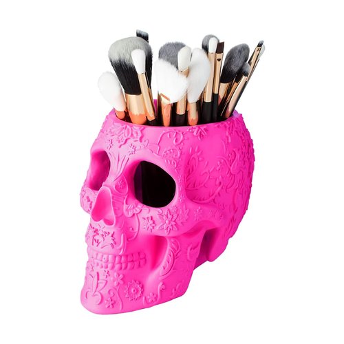 Skull Makeup Brush Holder, Pen Holder, Vanity, Desk, Office Organizer, Stationary, Decor Planter, Candy Bowl, Goth Decorations, Extra Large, Skulls Gothic Skull & Bones Organizer Bathroom (Pink)