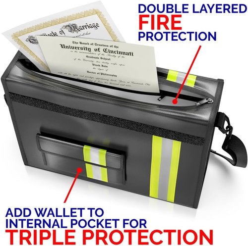 Fireproof & Waterproof Document Bag by Upgraded - Lockable 17”x 12”x 5” with Wallet Protector | Reflective for Easy Night Visibility