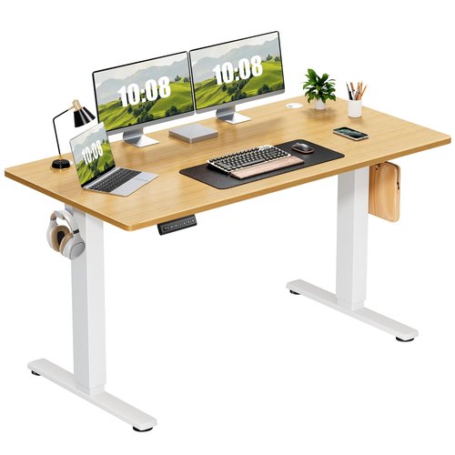 Sweetcrispy Electric Adjustable Height Standing Desk - 55 x 24 inch Sit to Stand Up Desk with Splice Board, Rising Home Office Computer Table with 2 Hook and Wire Hole for Work