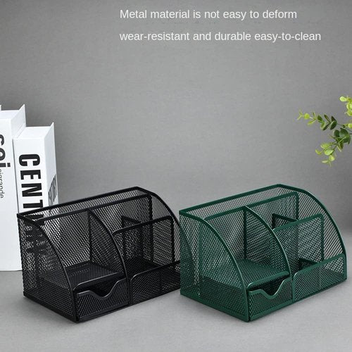 UNVARYSAM Green Desk Organizer Mesh Drawer Storage Accessories with 6 Compartments and Drawer, Desktop Caddy Storing Stationery Trinkets Cosmetics Jewelry Electronic Gadgets for Workspace Classsroom