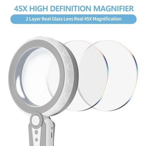 HUIBOER 45X Magnifying Glass with Light, 4.6 Inch 1200mAh USB Rechargeable, 3 Color Modes, Large Handheld Magnifier for Low Vision Seniors with Macular Degeneration, Reading, Jewelry, Coins - Grey