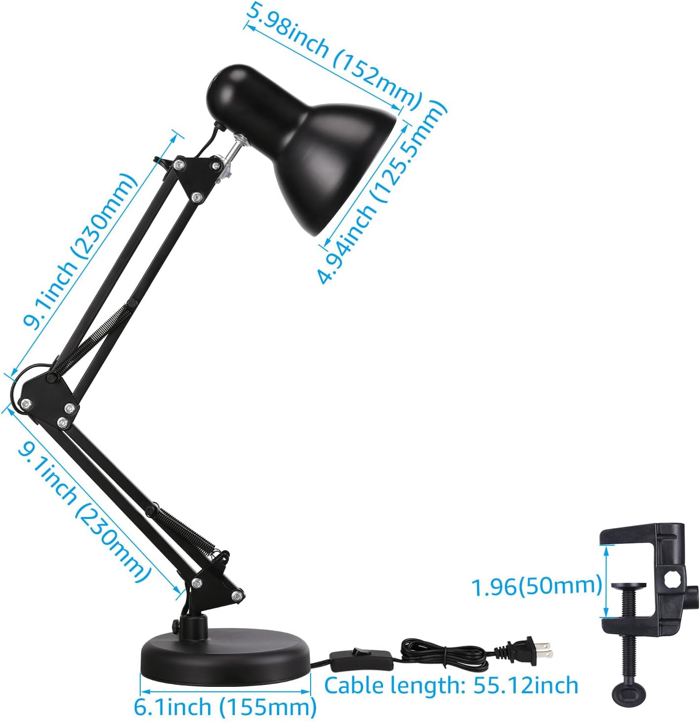 TORCHSTAR Metal Desk Lamp - Adjustable Gooseneck Architect Style with Vintage LED Bulb - Black & Chrome