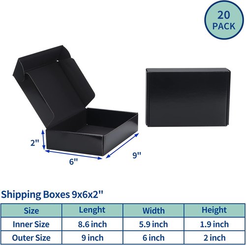 Rempry Black Shipping Boxes - 9x6x2 Corrugated Mailer Boxes | 20 Pack for Small Business Packaging