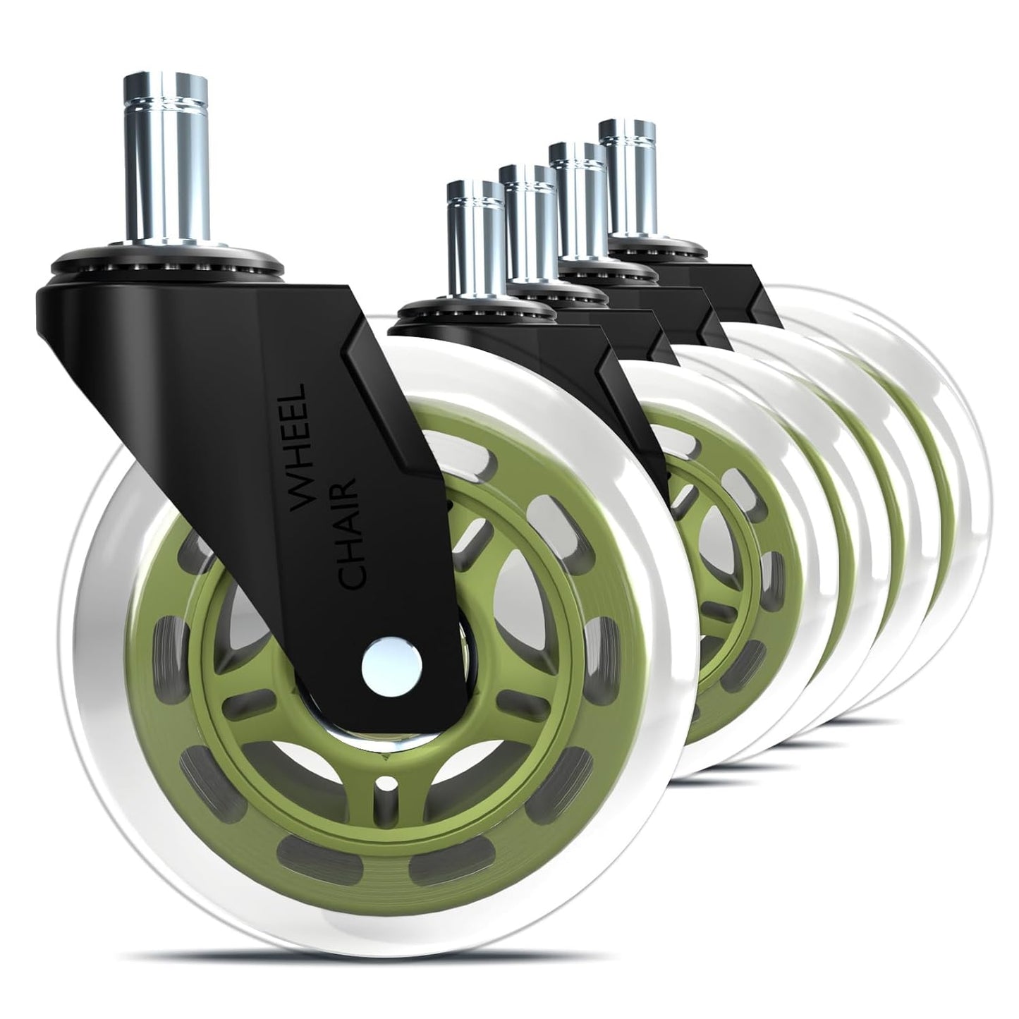 Skiennix Office Chair Wheels - 3" Rubber Casters with 7/16" Stem | Universal Fit for Rolling Chairs - Set of 5 (Green)