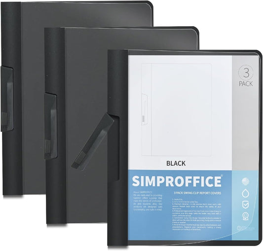 Swing Clip Report Covers - Professional Presentation Folders | Black, Clear Cover, 9 x 11.4 Inches, 3 Pack