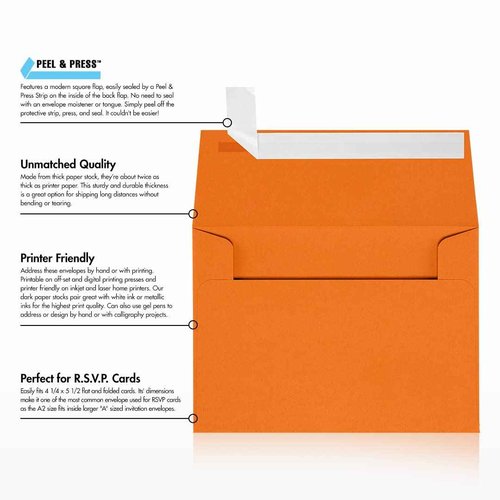 LUXPaper A2 Invitation Envelopes | Peel & Press | 4 3/8" x 5 3/4" | Mandarin Orange | 80lb. Text | 250 Qty