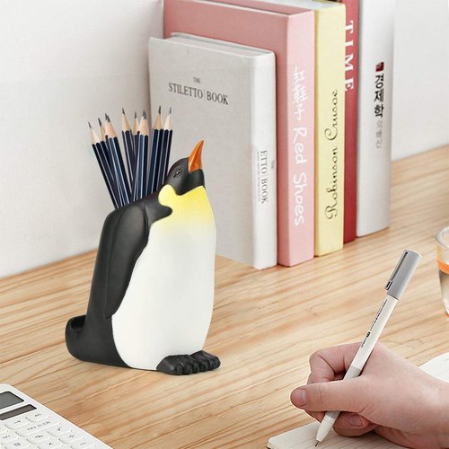 Penguin Pen Pencil Holder with Phone Stand, Resin Penguin Shaped Pen Container Cell Phone Stand Carving Brush Scissor Holder Desk Organizer Decoration for Office Desk Home Decorative