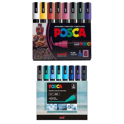 posca Markers Bundle, 16 Medium Paint Markers 5M - 8 Cool Tones + 8 Dark Tones