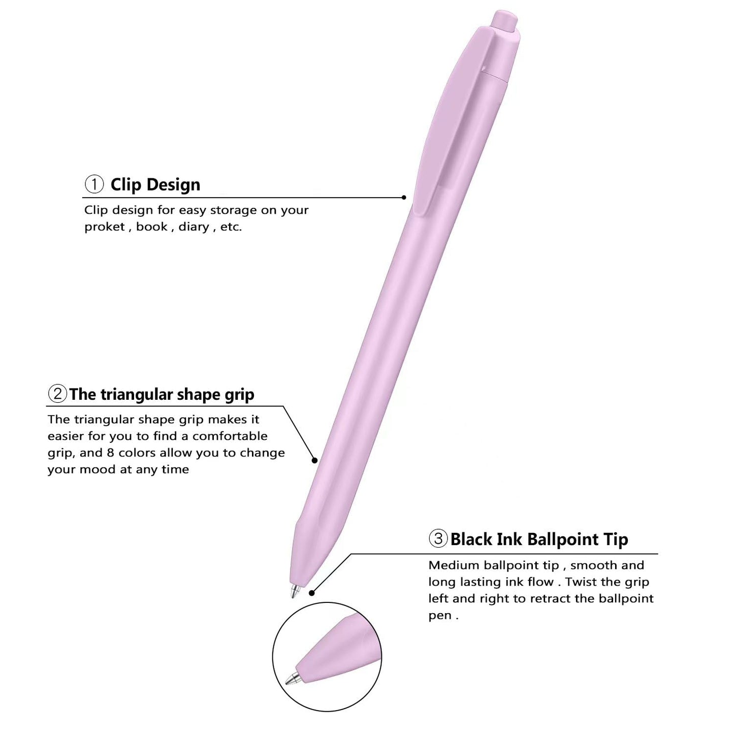 Colourcolor Pastel Retractable Ballpoint Gel Pens, Fine Point 0.5mm Quick Drying Black Ink, Smearing and Smudge Proof, Smooth Writing Pens for Office Signing, Students Writing, Daily Use - 8pcs