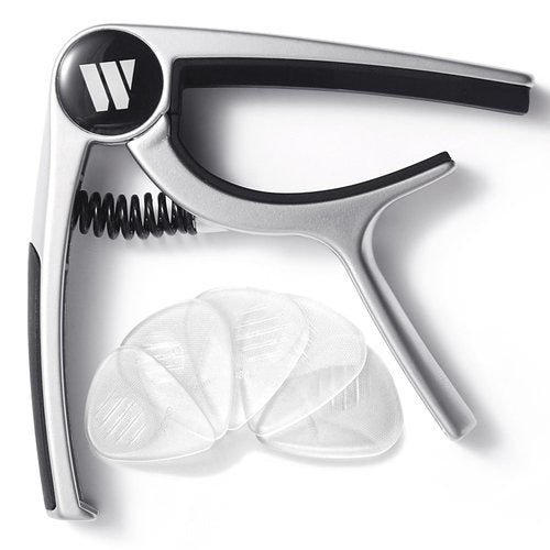 WINGO Guitar Capo for Acoustic and Electric Guitars, Ukulele, Mandolin, Banjo - Silver with 5 Non-slip Picks.