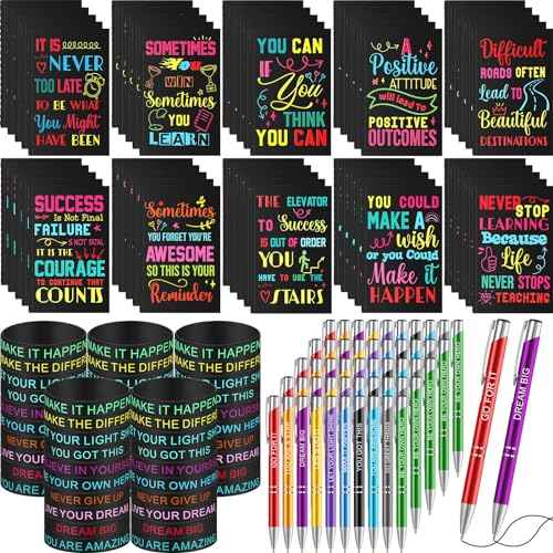 Sabary 150 Pcs Welcome Back to School Gifts Bulk Inspirational Notepads Motivational Ballpoint Pens Motivational Quote Rubber Wristbands Set Pocket Journals Metal Pens for School Office Supplies