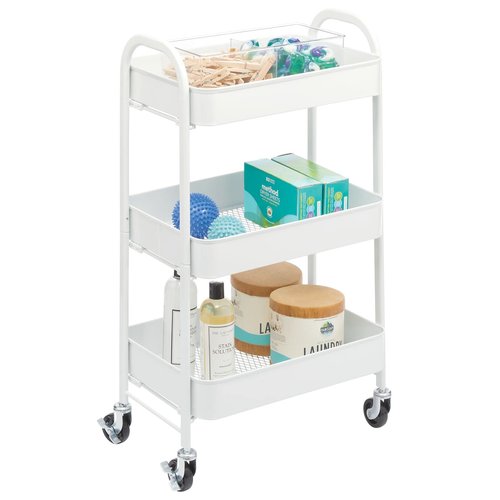 mDesign Metal 3-Tier Rolling Utility Storage Carts - Organizer Trolley for Bathroom, Kitchen, Laundry, Office, and Kids Rooms - Heavy Duty Caddy with 4 Caster Wheels - Matte White