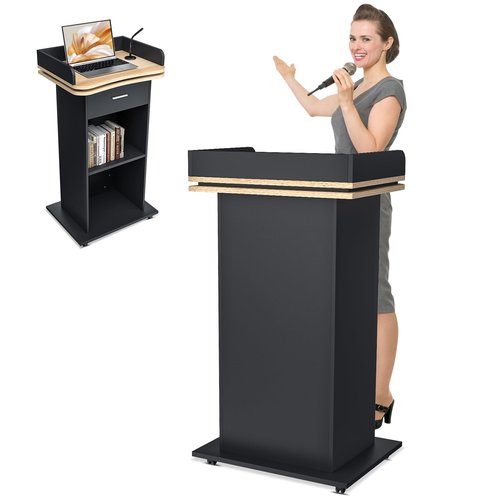 Vakiorn 43" Wood Podium Stand with 3 Levels of Storage, Portable Lectern with Wheels, Floor Standing Customer Reception Podiums Mic Stand Desk for Churches, Office, School,Conference, Auditorium