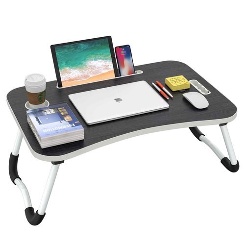 BUYIFY Folding Lap Desk, 23 Inch Portable Wood Deep Black Laptop Bed Desk Lap Desk with Cup Holder, for Working Reading Writing, Eating, Watching Movies for Bed Sofa Couch Floor