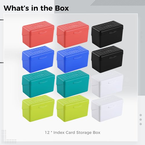 12 PCS Index Card Holders, 3” x 5” Index Card Organizer Box, Note Card Stationery Holder, Flash Card Container, Plastic Storage Box for Office Supplies, Business Cards, Recipes, Addresses