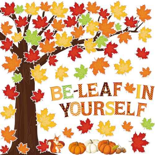 Fall Tree Classroom Bulletin Board Decorations Pumpkin Maple Leaves Bulletin Board Cutouts Be Leaf in Yourself Paper Cutout with Glue Points for Classroom School Chalkboard Home Wall Decor, 94 Pcs