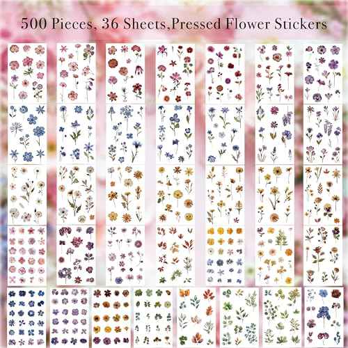 Pressed Flower Stickers(500 Pieces, 36 Sheets), Dried Flower Stickers Scrapbook for Junk Journal Supplies, Scrapbook, Planner, Bullet Journal Supplies
