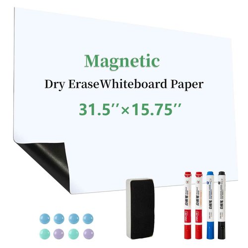 Magnetic Dry Erase Whiteboard Paper，Self Adhesive and Easy to Write&Clean,Dry Erase Board for Kids/Office/Home, with Marker, Magnetic Eraser and Magnets (31.5”*15.75 “)