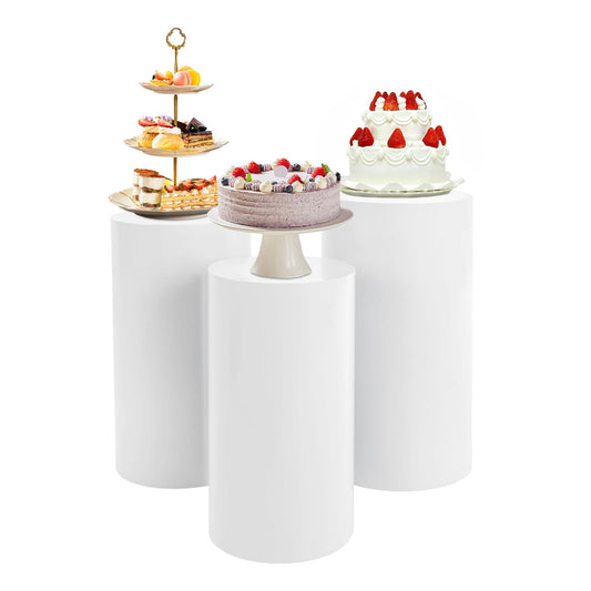3 Pcs Cylinder Pedestal Stands, White Metal Cylindrical Display Stands Dessert Cake Table Display Pillars, DIY Fun Simple Elegant Round Plinth Pillar for Wedding Baby Shower Birthday Event Decor