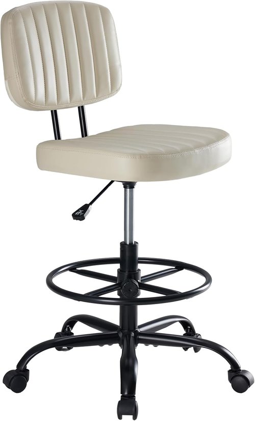 DUMOS Armless Drafting Chair - Ergonomic Low Back Office Seat with Adjustable Footrest | Beige Swivel Stool