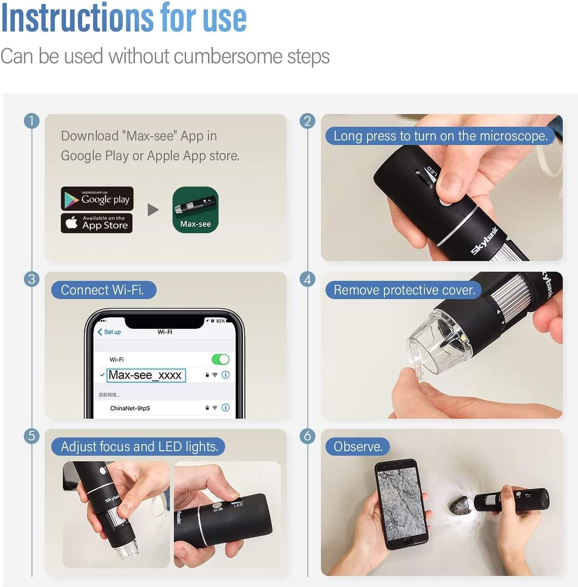 Skybasic Wireless Digital Microscope - 50X-1000X Magnification, Portable Handheld with Adjustable Stand | HD USB Camera for iPhone, Android, Windows, Mac