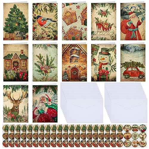 Cholemy 240 Sets Christmas Cards with Envelopes and Stickers Vintage Happy Holiday Cards Bulk Cute Season Greetings Cards 12 Designs, 6 x 4 Inch Merry Christmas Notes for Winter Xmas Season Gift