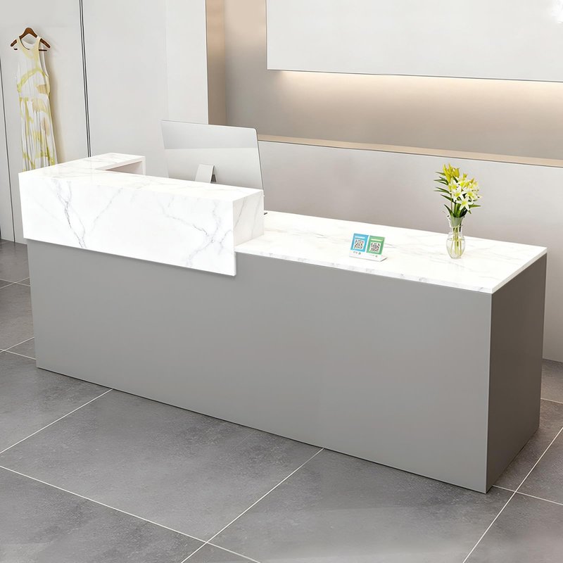 Modern Reception Desk with Drawer & Open Shelves, 39-95 Inch Front Counter Table, Computer Workstation Suitable for Salons, Offices, Lobbies, Retail Stores and Home Offices