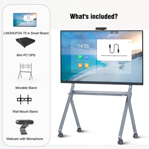 LINGHUFOX 75" Smart Board, 4K Touch Screen Interactive Whiteboard with Windows 11 Pro & Android 12.0, All-in-One Computer with AI Camera and Movable Stand for Classroom and Office
