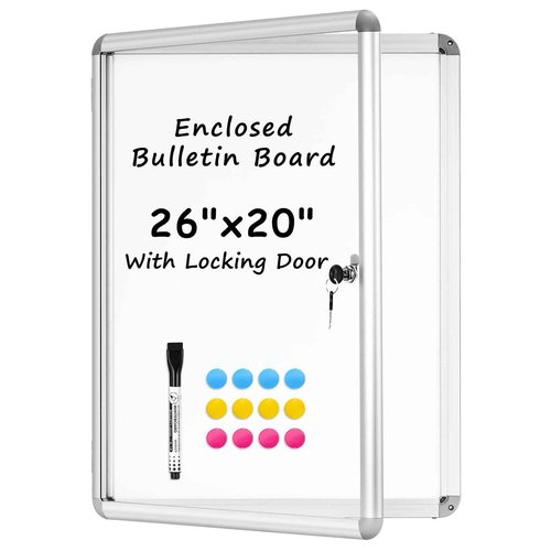 WALGLASS Enclosed Bulletin Board, 26"x20" Lockable Display Case Outdoor Weatherproof Whiteboard, Silver Aluminium Frame, Rectangular, Glossy Finish
