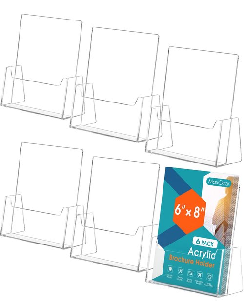 MaxGear Brochure Holder 6 Pack, 6 Inches Wide Acrylic Display Stand Clear Pamphlet Holder Flyer Holder Rack Card Holder Countertop/Desk Organizer for Trifold, Booklet, Literature, Magazine