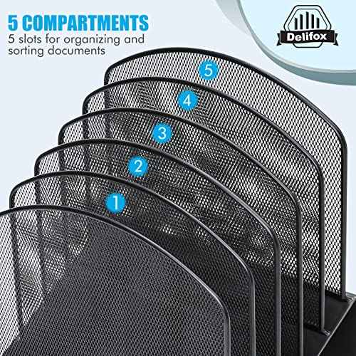 Inclined Desk File Organizer, 5-Section Vertical File Folder Holder Stand Metal Rack File Sorter for Office Classroom Desktop Organization (Black, 1Pack)