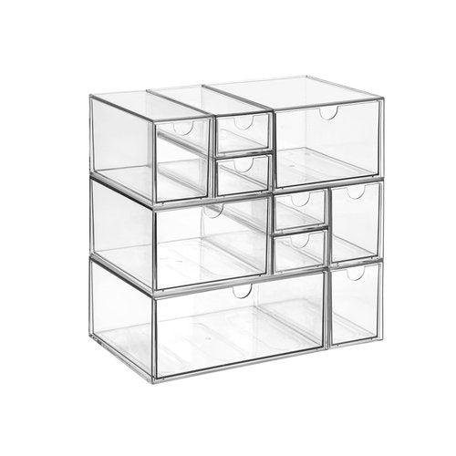 WUHUME Stackable Storage, Clear Plastic Drawer Storage With 10 Drawers, 4 Different Sizes, Suitable For Desktop, Candy boxesunnels, Cosmetics, Stationery, Jewelry and Organization