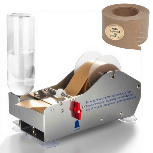 TooCust Metal Water Activated Tape Dispenser, One-Button Tape Feeder for 0.75-3.75" Wide Shipping Tape, with 500ml Auto Water Supply & Suction Cup Feet