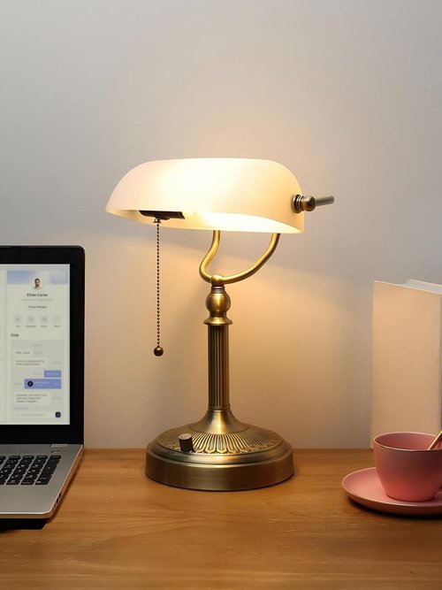Newrays White Matted Glass Bankers Desk Lamp - Stepless Dimmable Table Lamp for Home Office & Study