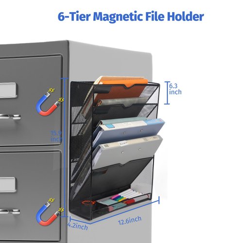 Ounyoizs 6-Tier Magnetic File Holder, Large Capacity File Cabinet Organizer, No-Drill Mount Hanging Magnetic Paper Holder for File Cabinets, Office, Whiteboard, Magnetic Mail Holder, Black