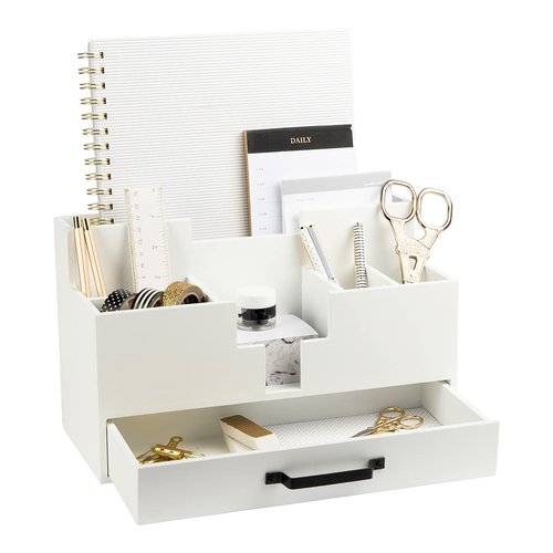 BLU MONACO White Wood Desk Organizer with Drawer – Home Office Accessories for Women – Compact Desktop Storage Solution