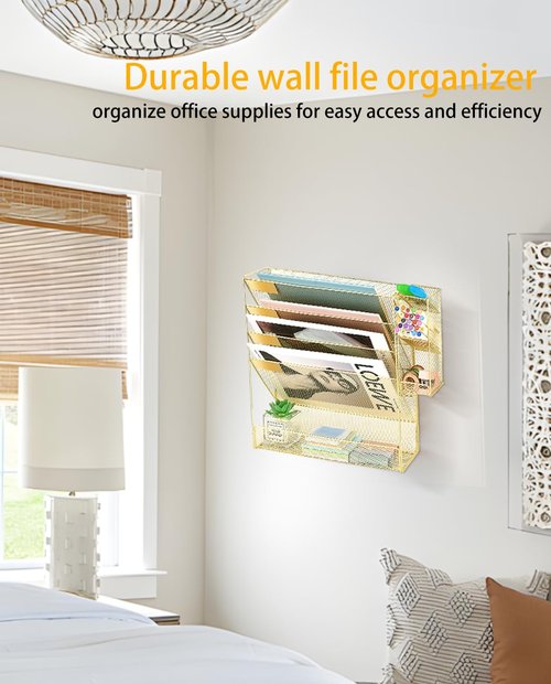 Spacrea Wall Hanging File Organizer, Gold Desk Organizers and Accessories, 5-Tier Mesh Wall Mail Organizer, Paper Document Magazine Rack with 3 Pen Holder for Office Home School
