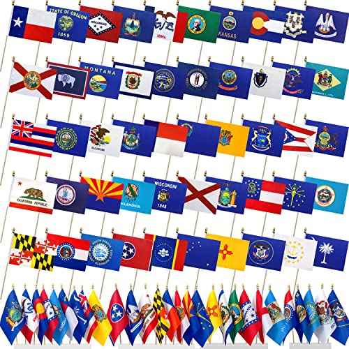 US 50 State Flags Set on Wood Stick Small Mini Hand Held Flags for Classroom,5x8 Inch