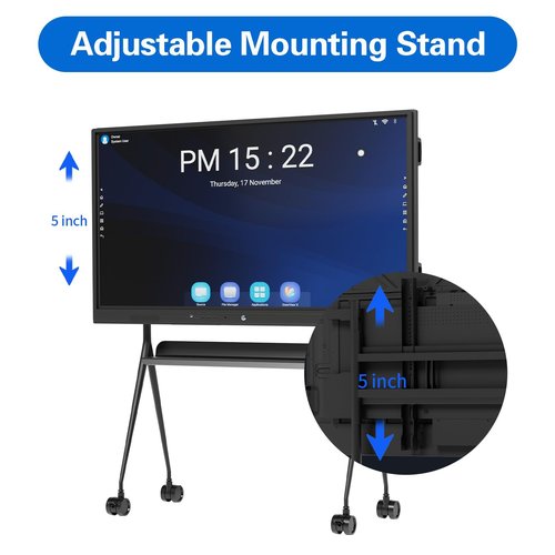 Tiburn Mobile Smart Board Stand with Locking Wheels for 55" - 75" Interactive Whiteboards | Adjustable Height, Removable Stand for Home, Classroom, Office