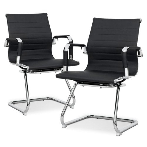 MoNiBloom Office Guest Chair Without Wheels PU Leather Mid-Back Sled Base Chairs for Reception Desk Waiting Meeting Conference Room, 2 Piece, Black