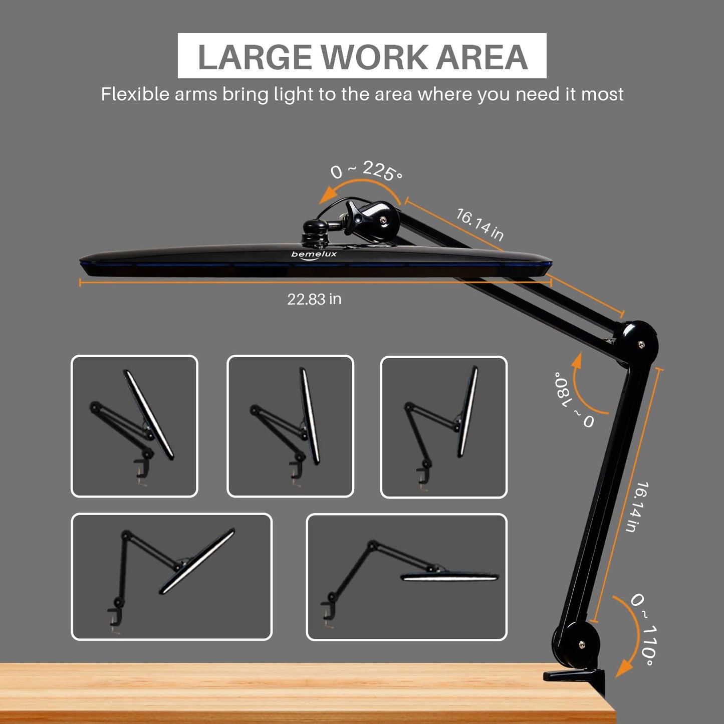 bemelux Task Lamp with Clamp, 23 Inch Lamp Head, Bright 182PCS LEDs,3 Color Temperatures, 4 Brightness Levels, Metal Swing Arm 20W 2200 Lumen Dimmable Led Desk Lamp (Black, CCT)