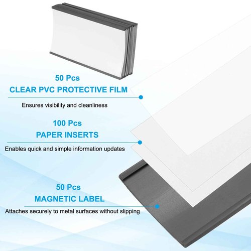 PATIKIL Magnetic Label Holder 5" x 3" with Paper Inserts, 50 Pcs C Channel Magnetic File Cabinet Labels Shelf Data Card Holder Signs for Metal Racks Shelves Whiteboard Tool Box