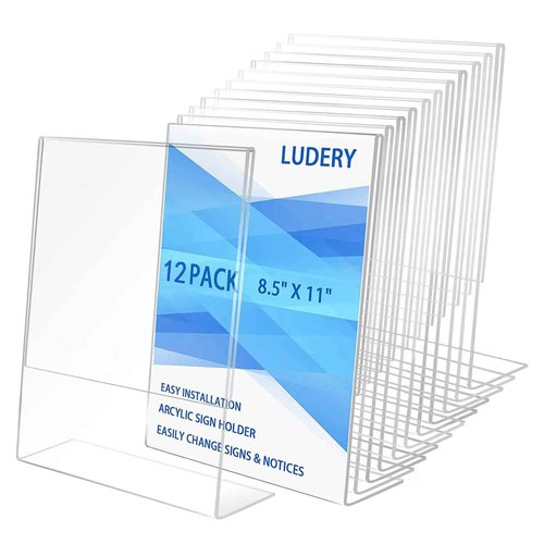 Ludery 8.5x11 Inches Acrylic Sign Slant Back Holder, Plastic Display Stand,Brochure Holder, Table Top Sign Holder For Office, Home, Store, Restaurant… (12pack)