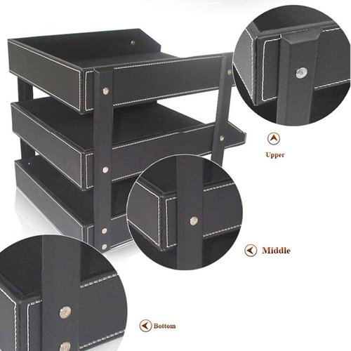 KINGFOM Letter Tray, Leather Paper Organizer Tray, Wooden Desk File Holder, Desktop File, Stackable Magazine Holder, Mail Sorter, Great for Home or Office - 3 Level Black
