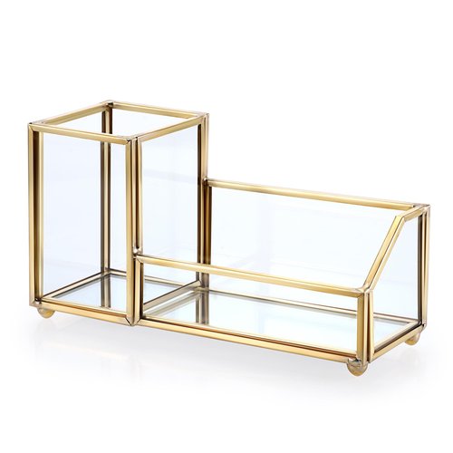 Hipiwe Glass Business Card Holder with Pen Pencil Holder Cup Gold Metal Name Card Display Organizer Desktop Business Card Storage Case for Office Desk, 2 Slots