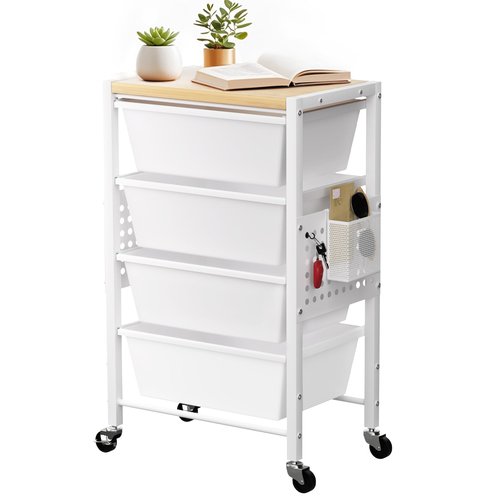 Rolling Cart with 4 Drawers, Plastic Drawer Storage Carts with Lockable Wheels & Wooden Tabletop, Metal Utility Cart with Pegboards, Office Living Room Classroom Craft Organization and Storage, White