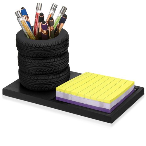 Fullhawl Tire Shaped Pen Holder with Sticky Notes Holder Set Tool Planter Pencil Storage Holder Desk Organizer Home Office Supplies Gift for Mechanics Car Lovers (Black)